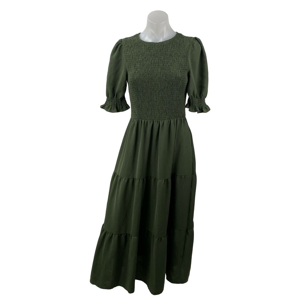 BTFBM Women's Green Smocked Short Puff Sleeve Tiered A Line Maxi Dress Size S
